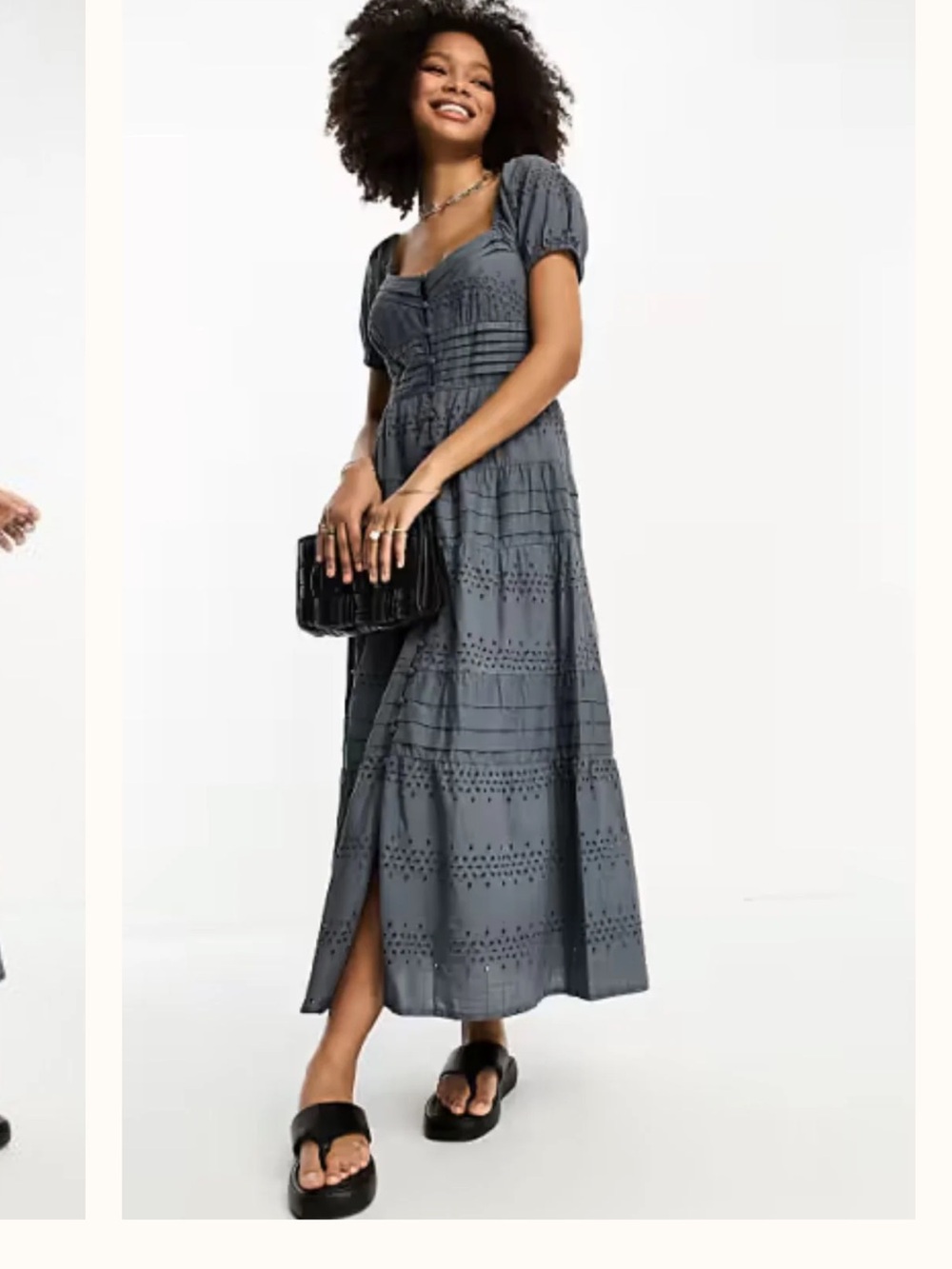 ASOS Slate grey broderie button through tiered maxi Eyelet Button-Front Dress